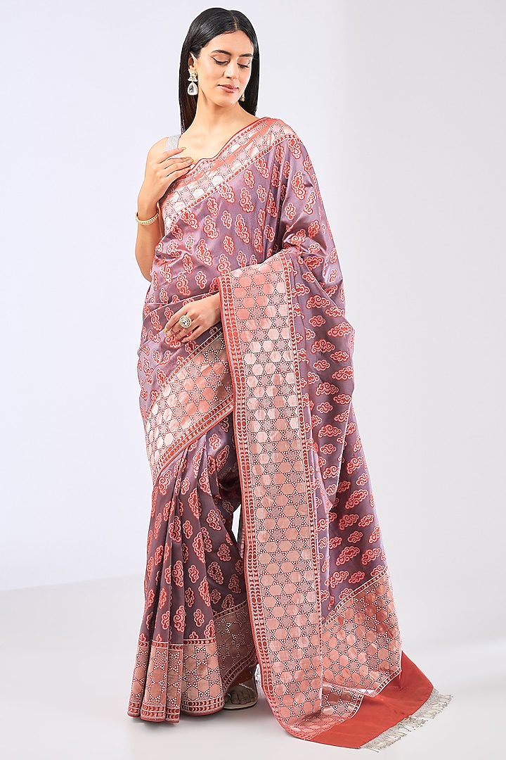 Red Silk Handwoven Saree Set by Ekaya