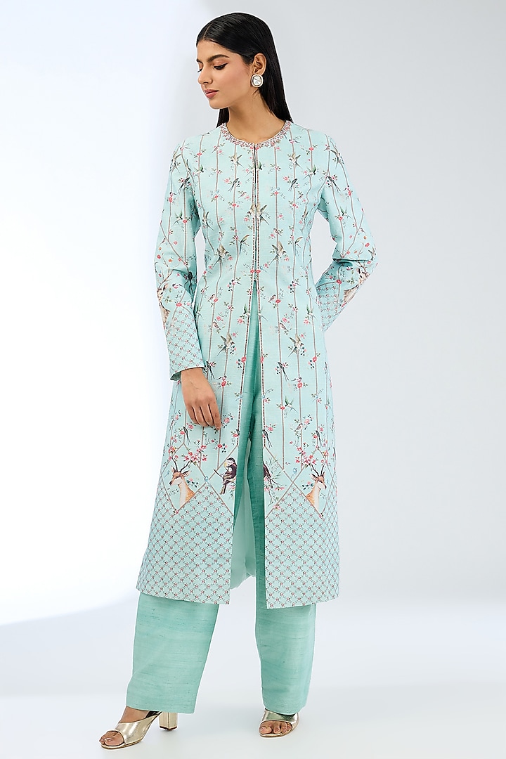 Aqua Green Silk Handwoven Kurta Set by Ekaya at Pernia's Pop Up Shop