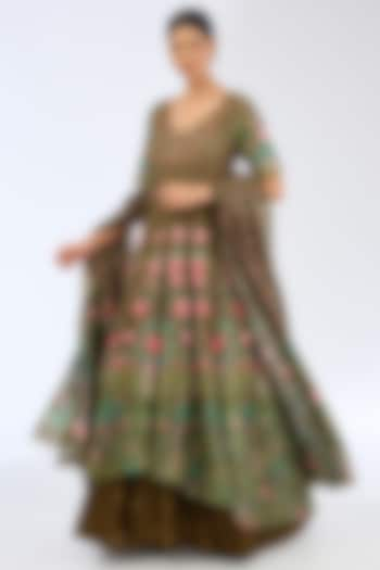 Olive Green Dupion Silk Digital Printed Anarkali Set by Ekaya at Pernia's Pop Up Shop