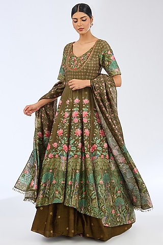 Olive Green Dupion Silk Digital Printed Anarkali Set by Ekaya