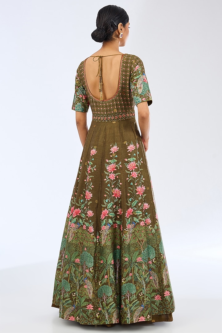 Olive Green Dupion Silk Digital Printed Bridal Anarkali Set by Ekaya at Pernia's Pop Up Shop