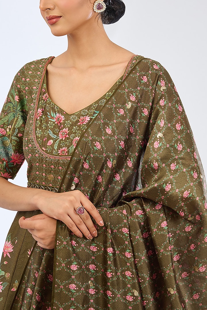 Olive Green Dupion Silk Digital Printed Bridal Anarkali Set by Ekaya at Pernia's Pop Up Shop