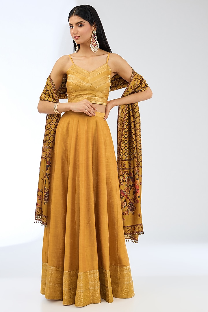 Mustard Silk Handwoven Wedding Lehenga Set by Ekaya at Pernia's Pop Up Shop
