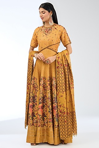 Mustard Silk Handwoven Anarkali Set by Ekaya