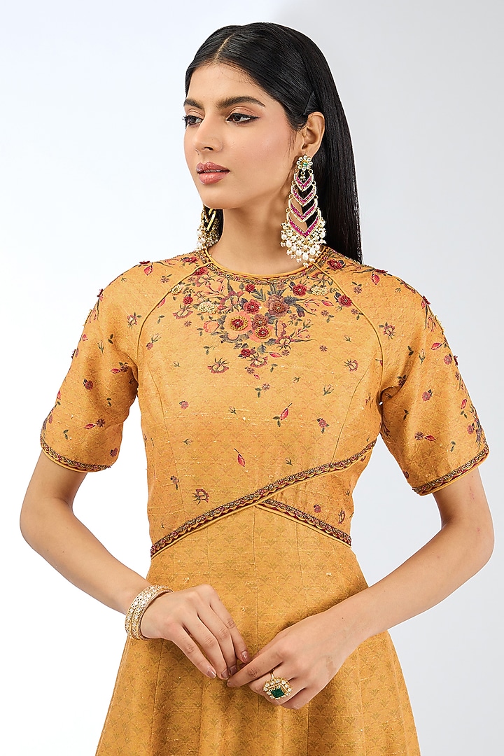 Mustard Silk Handwoven Wedding Anarkali Set by Ekaya at Pernia's Pop Up Shop