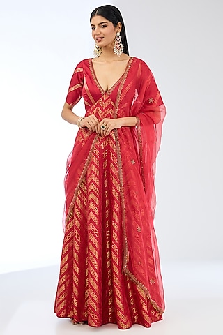 Red Silk Handwoven Anarkali Set by Ekaya