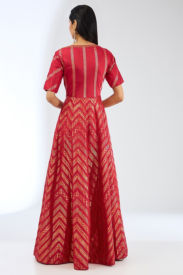 Red Silk Handwoven Bridal Anarkali Set by Ekaya at Pernia's Pop Up Shop