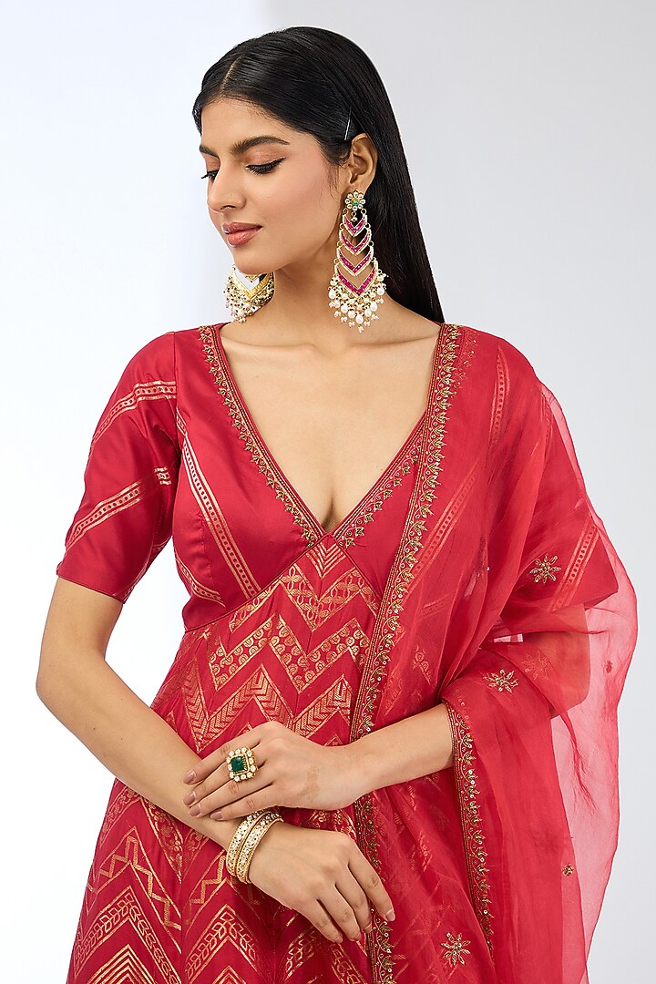 Red Silk Handwoven Bridal Anarkali Set by Ekaya at Pernia's Pop Up Shop