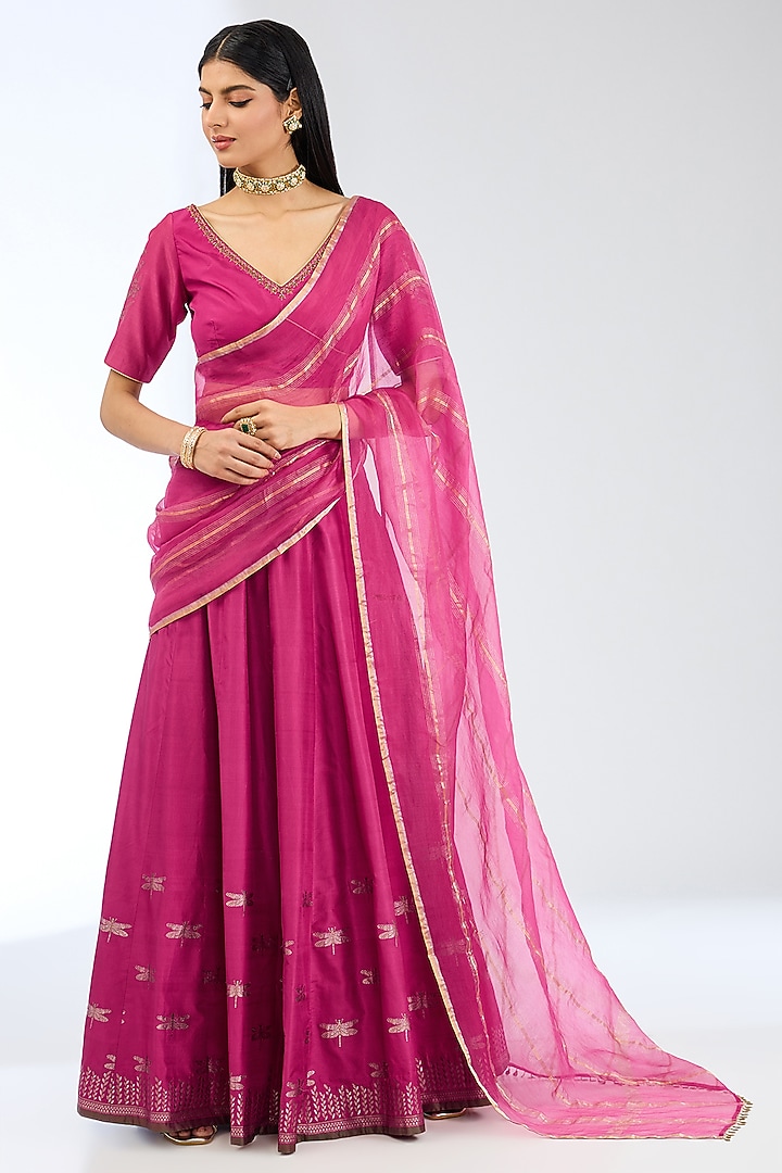 Rani Pink Silk Handwoven Wedding Lehenga Set by Ekaya at Pernia's Pop Up Shop