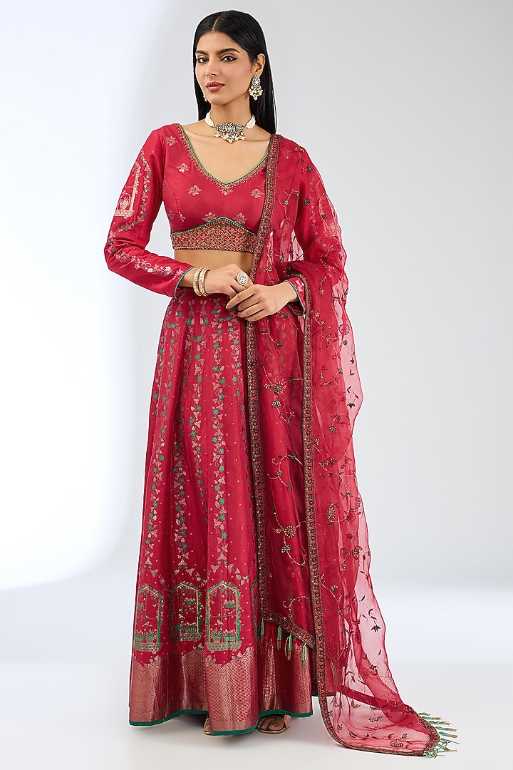 Red Silk Handwoven Wedding Lehenga Set by Ekaya at Pernia's Pop Up Shop