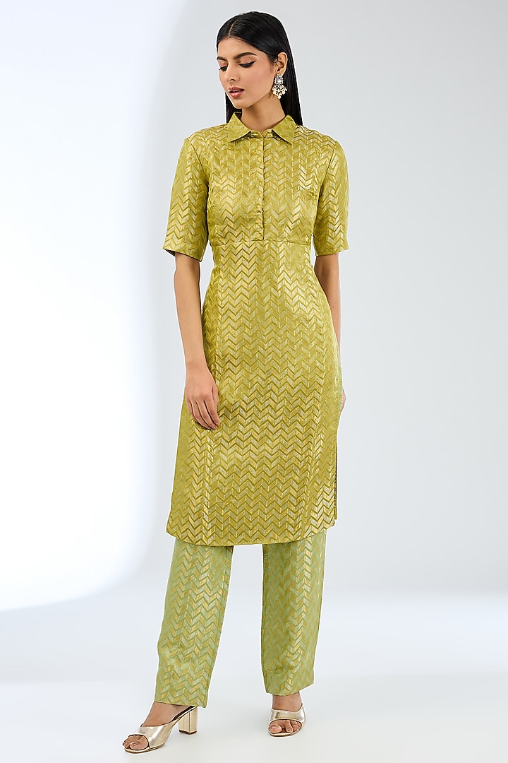 Green Silk Handwoven Kurta Set by Ekaya at Pernia's Pop Up Shop