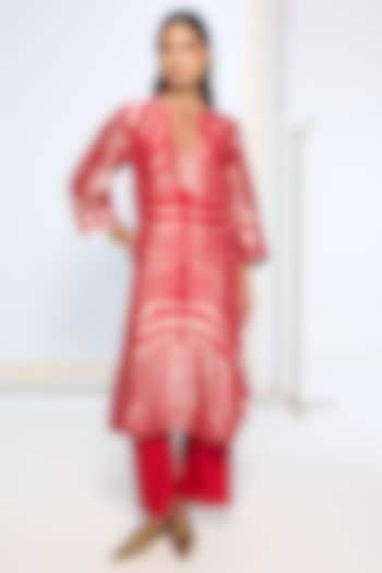 Red Silk Zari Weave Kurta Set by Ekaya at Pernia's Pop Up Shop