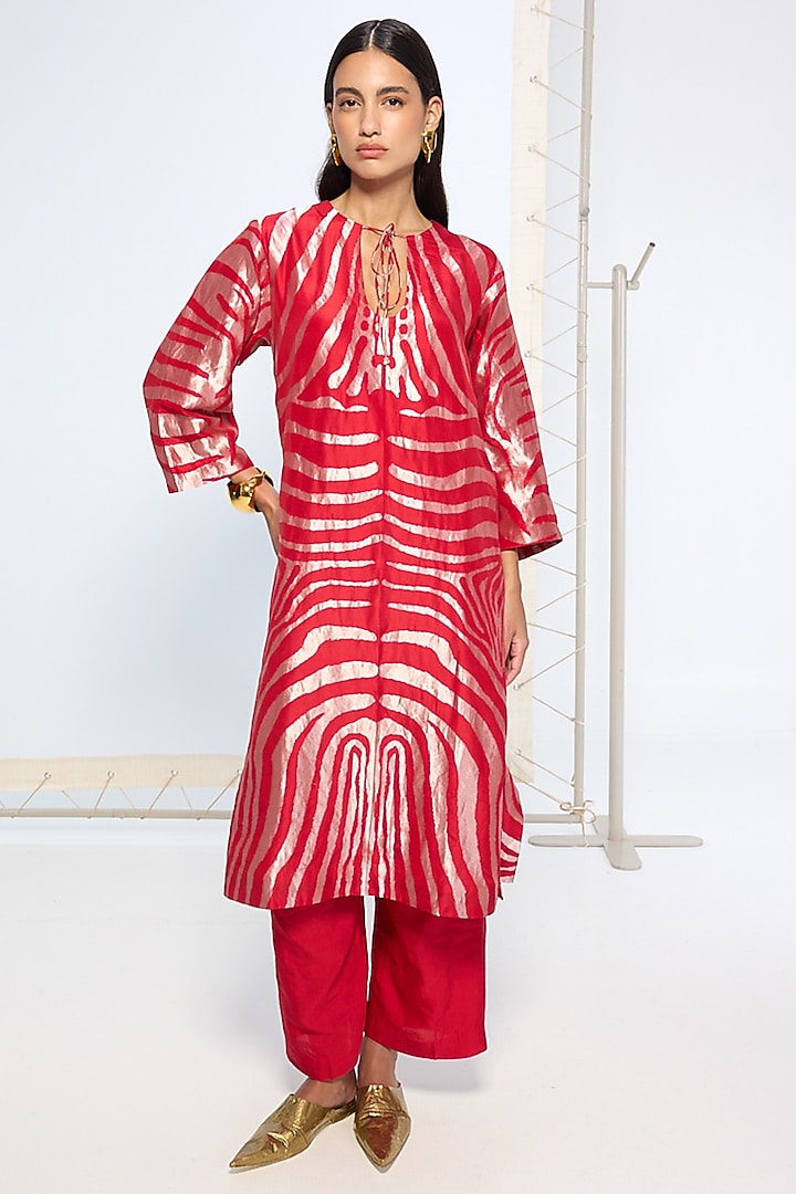 Red Silk Zari Weave Kurta Set by Ekaya at Pernia's Pop Up Shop
