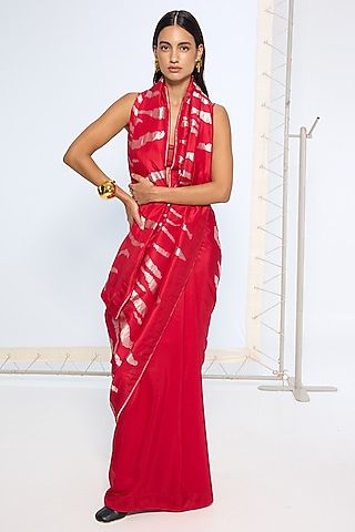 Red Silk Zari Handwoven Saree Set by Ekaya
