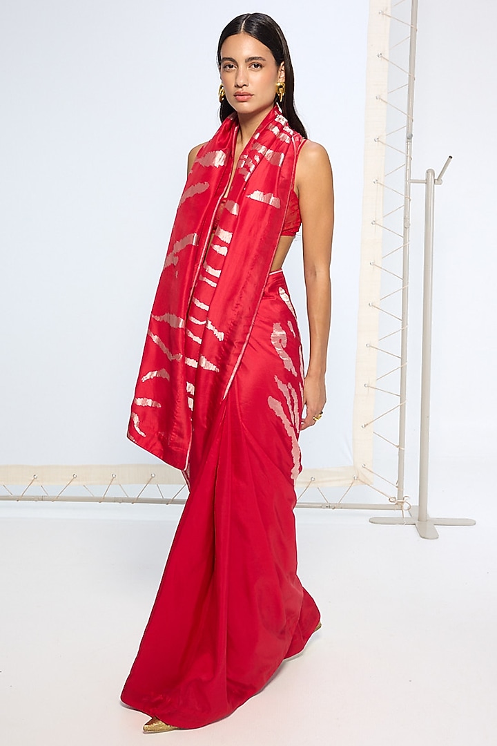 Red Silk Zari Handwoven Wedding Saree Set by Ekaya at Pernia's Pop Up Shop