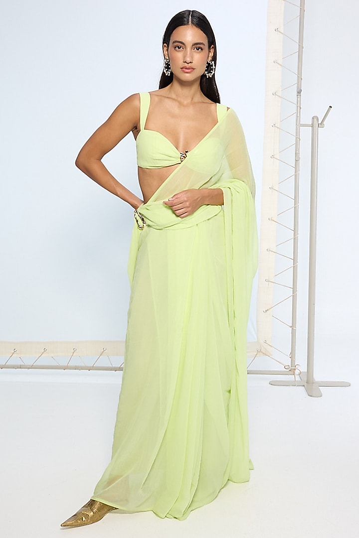 Lime Green Pure Chiffon Party Wear Saree Set With Pallu Loop by Ekaya at Pernia's Pop Up Shop