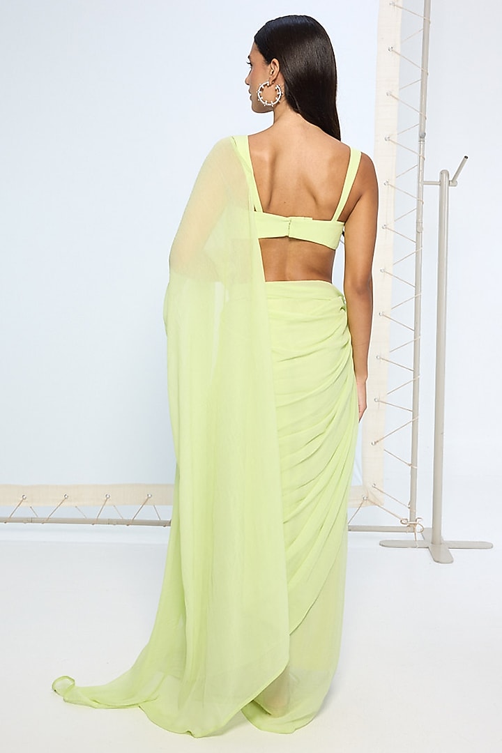 Lime Green Pure Chiffon Party Wear Saree Set With Pallu Loop by Ekaya at Pernia's Pop Up Shop
