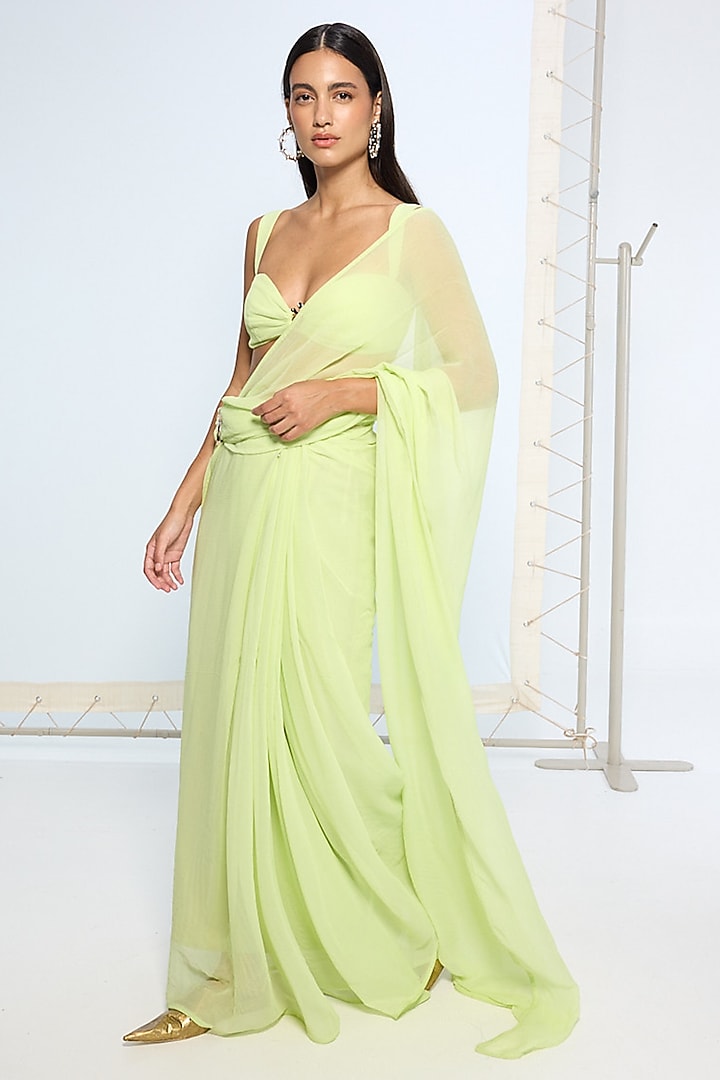 Lime Green Pure Chiffon Party Wear Saree Set With Pallu Loop by Ekaya at Pernia's Pop Up Shop