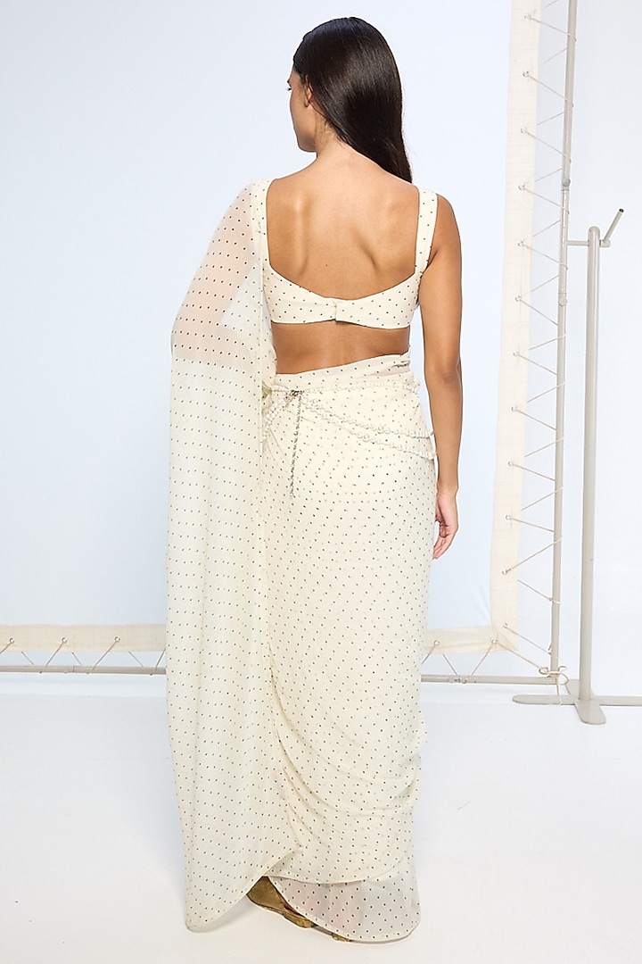 White Chiffon Polka Dot Printed Party Wear Saree Set by Ekaya at Pernia's Pop Up Shop
