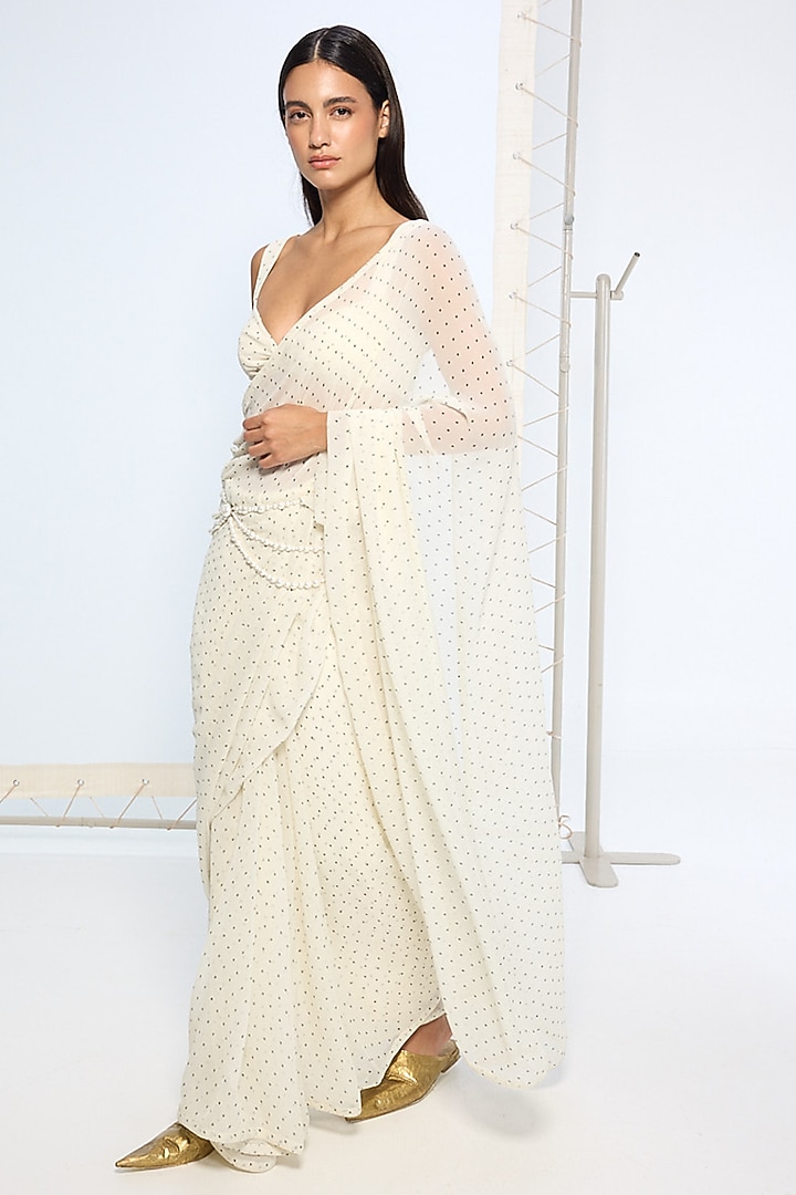 White Chiffon Polka Dot Printed Party Wear Saree Set by Ekaya at Pernia's Pop Up Shop