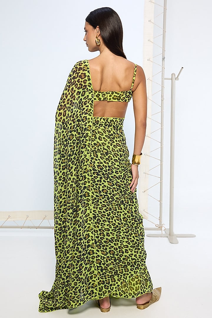 Green Georgette Leopard Printed Party Wear Saree Set by Ekaya at Pernia's Pop Up Shop