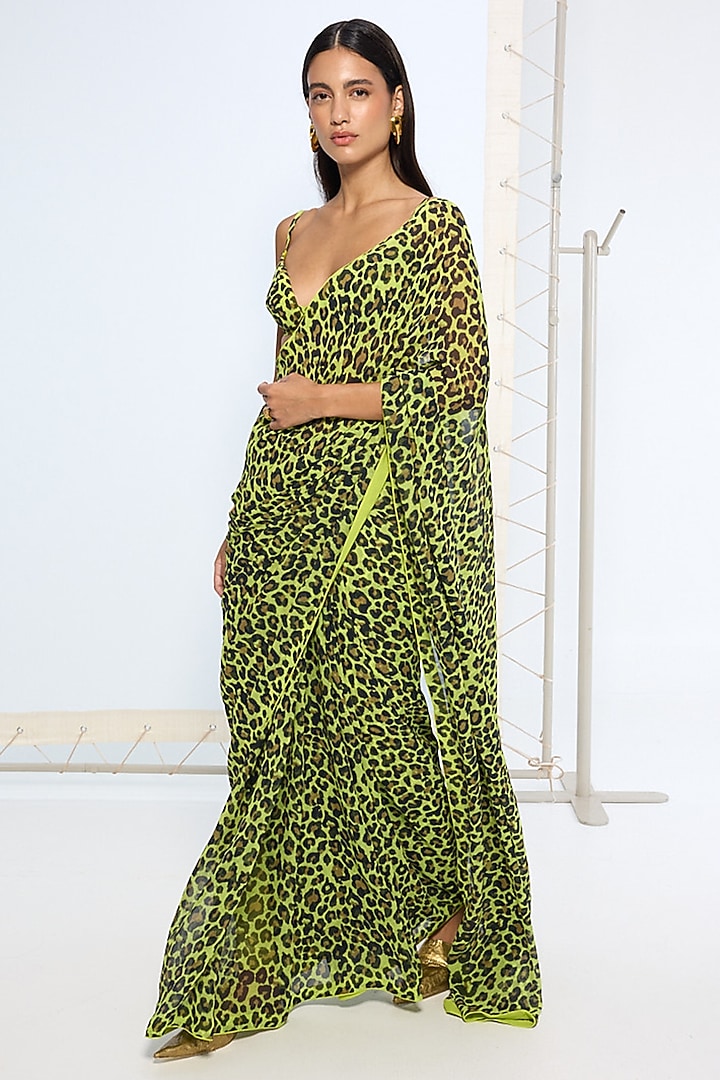 Green Georgette Leopard Printed Party Wear Saree Set by Ekaya at Pernia's Pop Up Shop