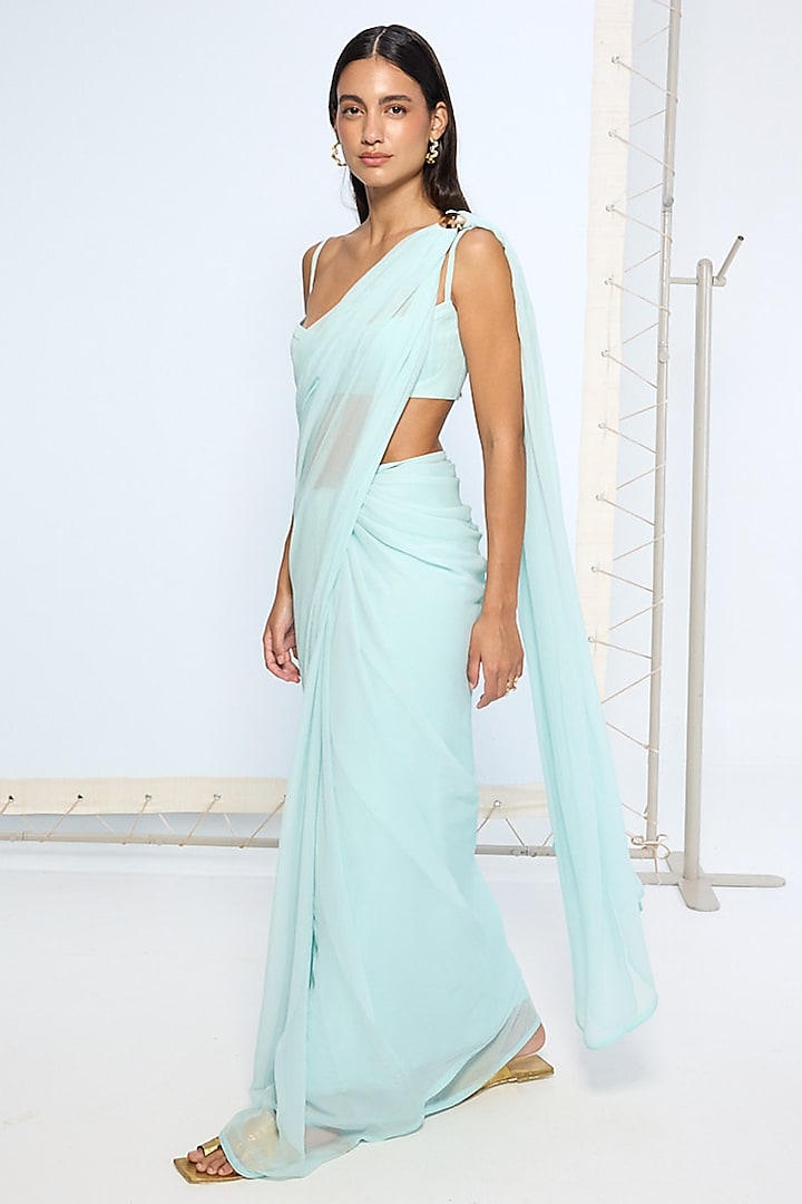 Ice Blue Chiffon Party Wear Saree Set With Pallu Loop by Ekaya at Pernia's Pop Up Shop