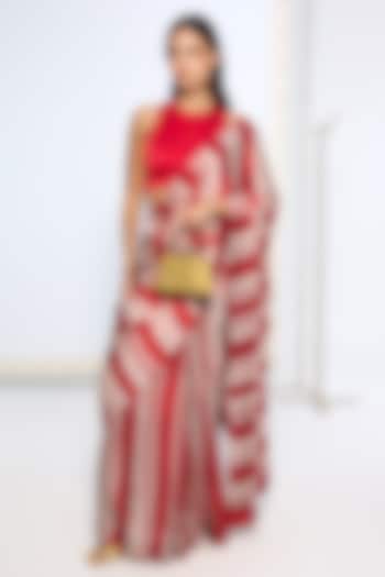 Red & White Satin Silk Striped Party Wear Saree Set by Ekaya at Pernia's Pop Up Shop