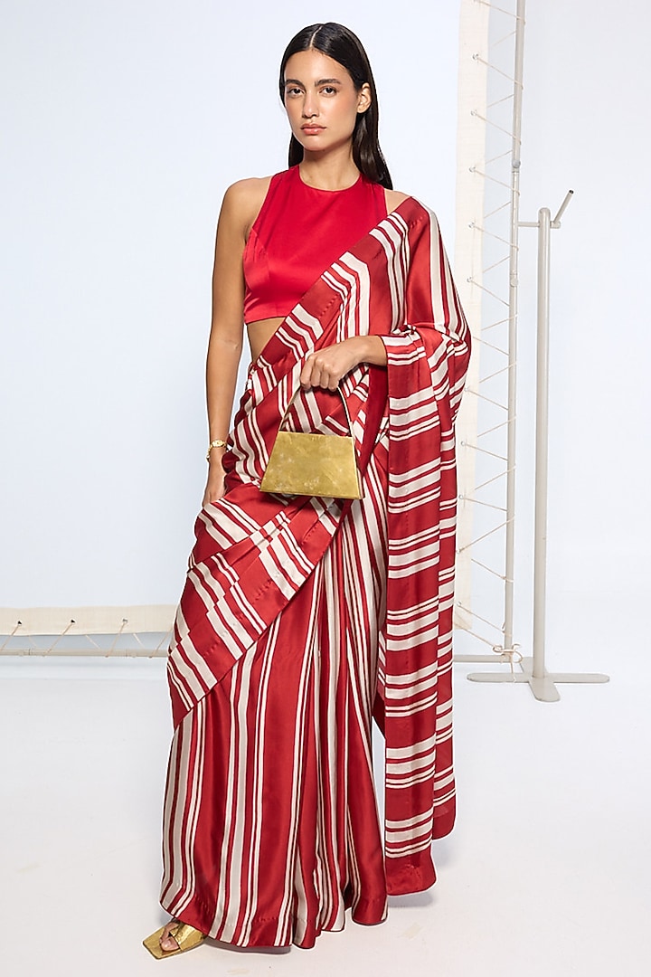 Red & White Satin Silk Striped Party Wear Saree Set by Ekaya at Pernia's Pop Up Shop