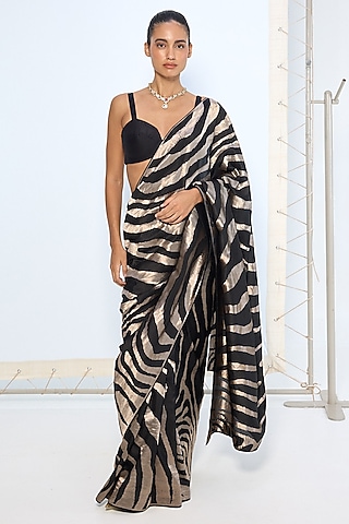 Dark Blue Silk Zari Handwoven Saree Set by Ekaya