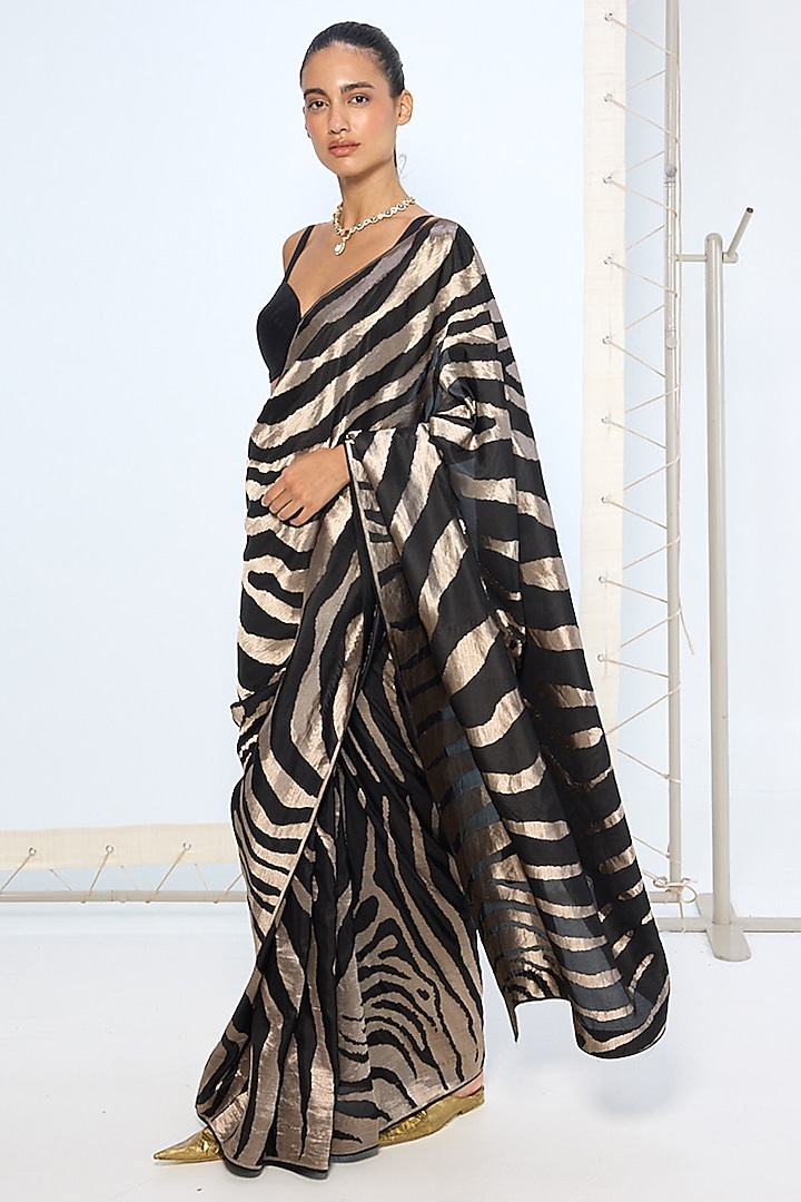 Dark Blue Silk Zari Handwoven Wedding Saree Set by Ekaya at Pernia's Pop Up Shop