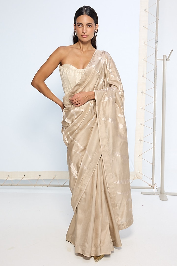 Beige Silk Zari Handwoven Wedding Saree Set by Ekaya at Pernia's Pop Up Shop