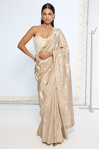 Beige Silk Zari Handwoven Saree Set by Ekaya