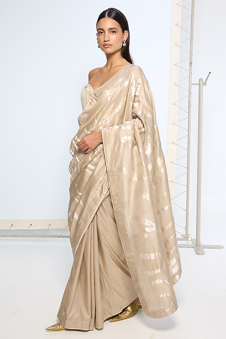 Beige Silk Zari Handwoven Wedding Saree Set by Ekaya at Pernia's Pop Up Shop
