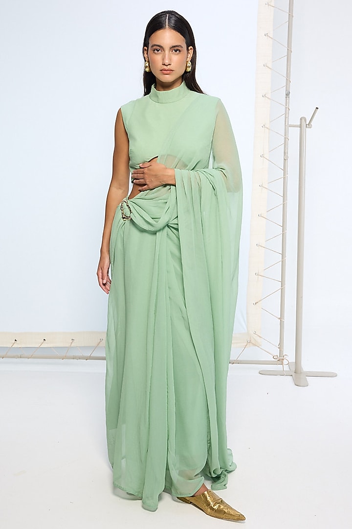 Pale Green Chiffon Party Wear Saree Set With Brooch by Ekaya at Pernia's Pop Up Shop