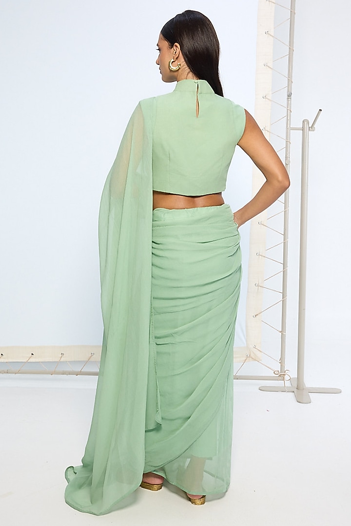 Pale Green Chiffon Party Wear Saree Set With Brooch by Ekaya at Pernia's Pop Up Shop