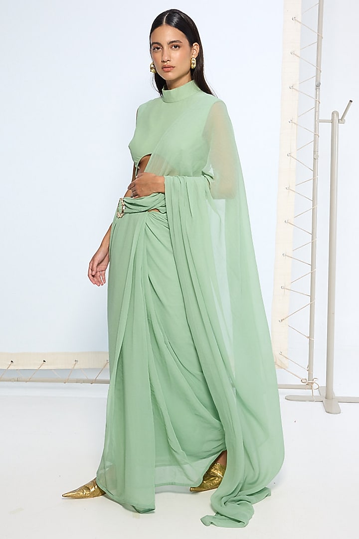 Pale Green Chiffon Party Wear Saree Set With Brooch by Ekaya at Pernia's Pop Up Shop