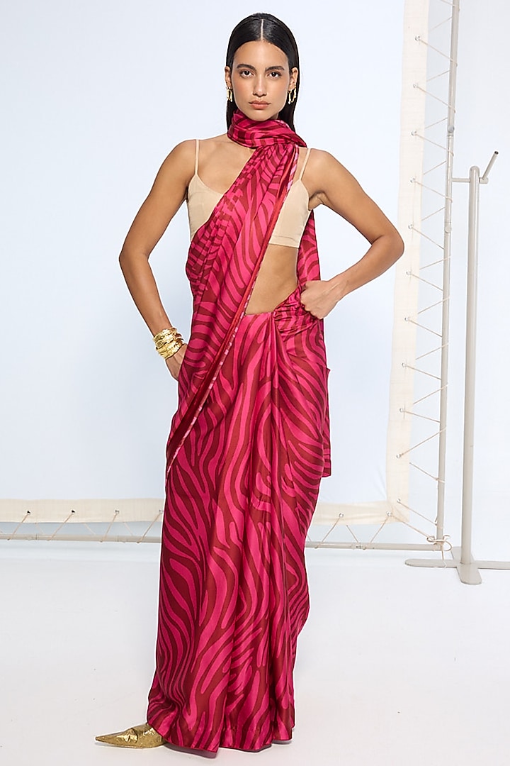 Pink & Maroon Silk Printed Handwoven Party Wear Saree by Ekaya at Pernia's Pop Up Shop