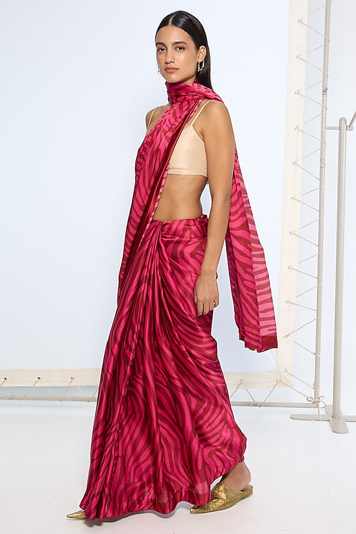 Pink & Maroon Silk Printed Handwoven Party Wear Saree by Ekaya at Pernia's Pop Up Shop