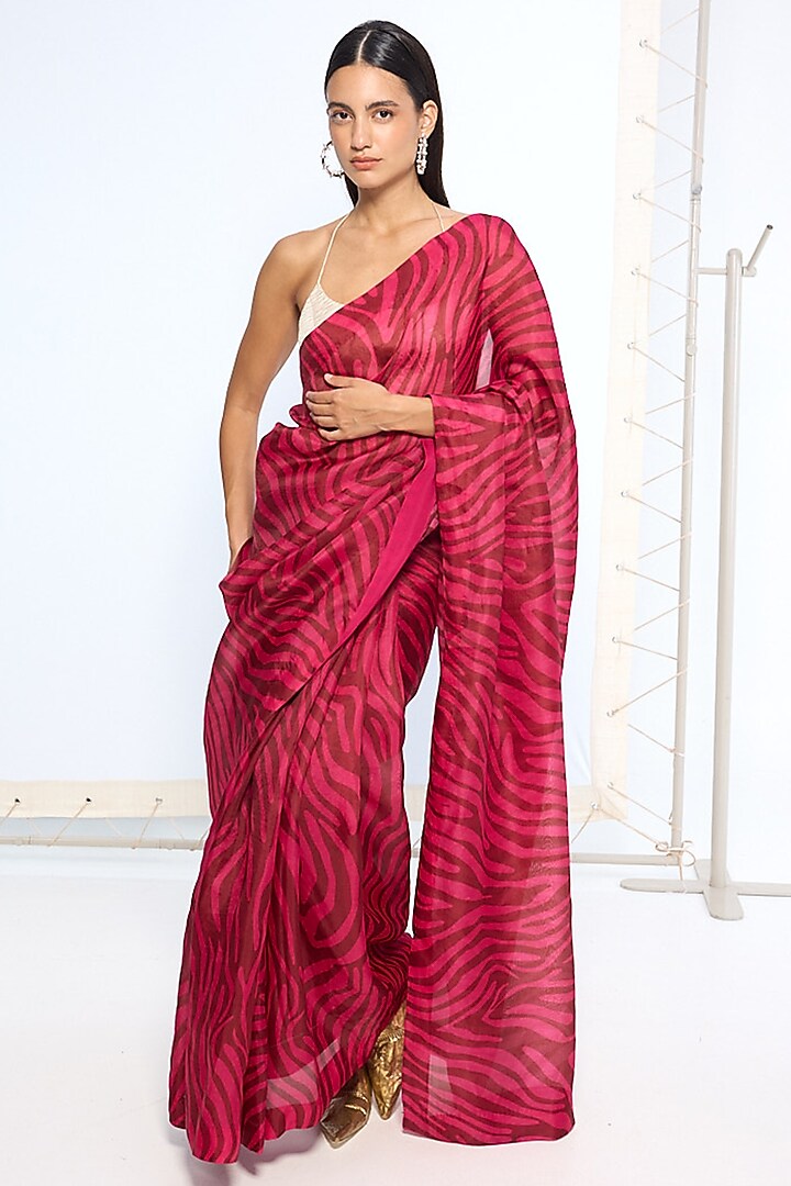 Pink & Maroon Silk Printed Handwoven Party Wear Saree by Ekaya at Pernia's Pop Up Shop