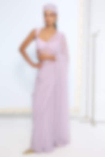 Lavender Chiffon Polka Dot Printed Party Wear Saree Set by Ekaya at Pernia's Pop Up Shop