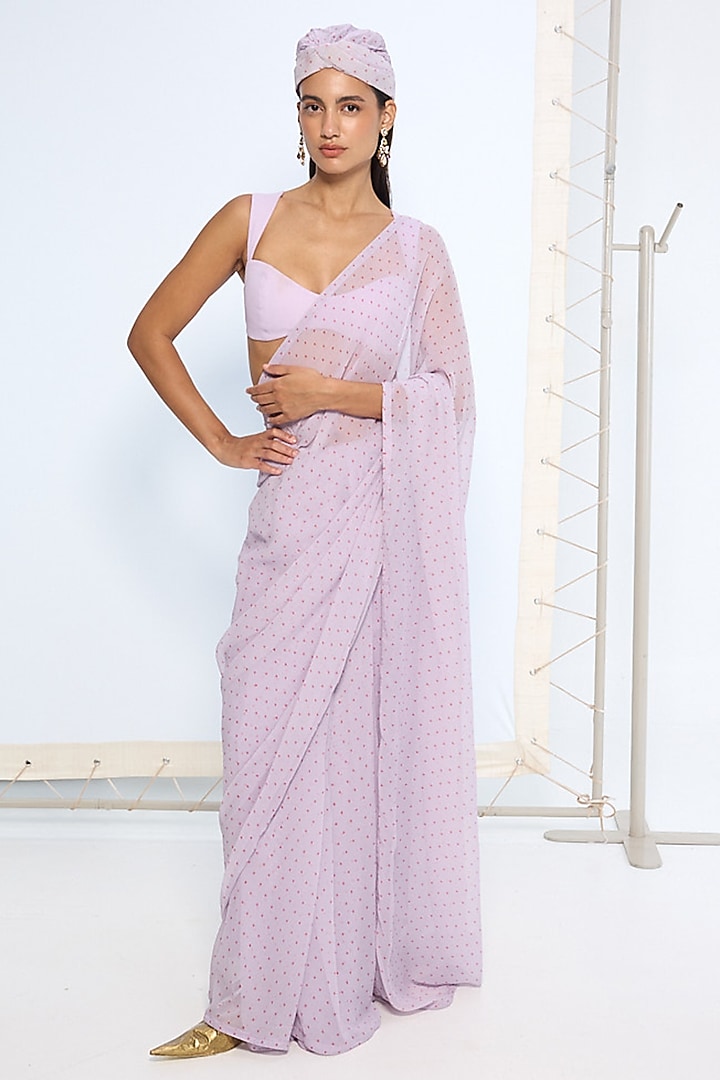Lavender Chiffon Polka Dot Printed Party Wear Saree Set by Ekaya at Pernia's Pop Up Shop