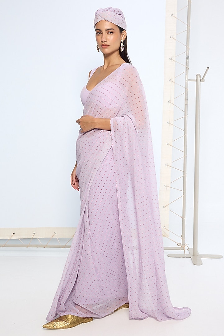 Lavender Chiffon Polka Dot Printed Party Wear Saree Set by Ekaya at Pernia's Pop Up Shop
