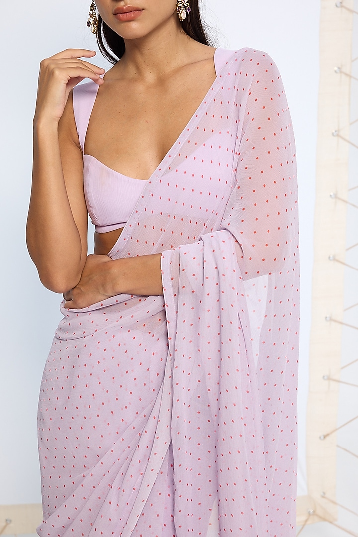Lavender Chiffon Polka Dot Printed Party Wear Saree Set by Ekaya at Pernia's Pop Up Shop
