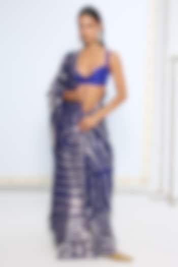 Dark Blue Silk Zari Handwoven Wedding Saree Set by Ekaya at Pernia's Pop Up Shop
