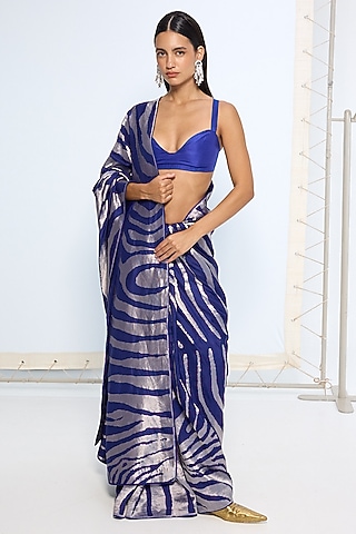 Dark Blue Silk Zari Handwoven Saree Set by Ekaya