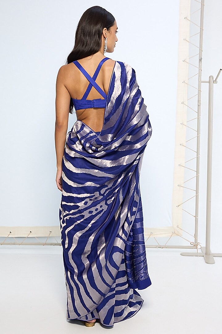 Dark Blue Silk Zari Handwoven Wedding Saree Set by Ekaya at Pernia's Pop Up Shop