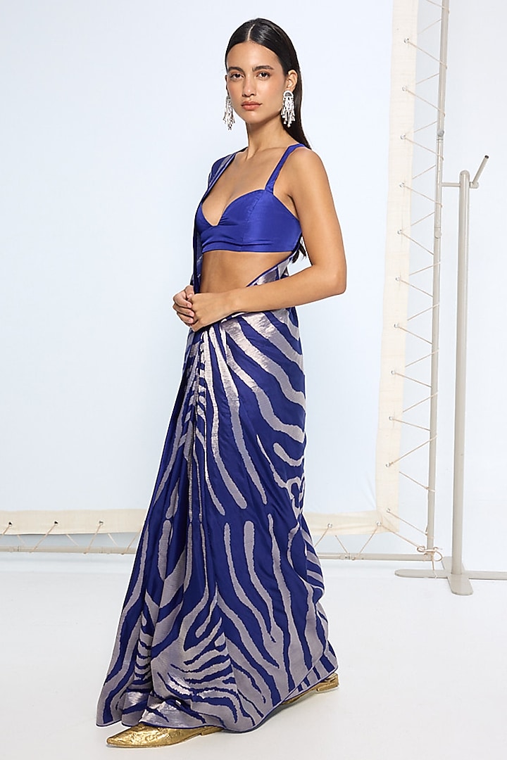 Dark Blue Silk Zari Handwoven Wedding Saree Set by Ekaya at Pernia's Pop Up Shop