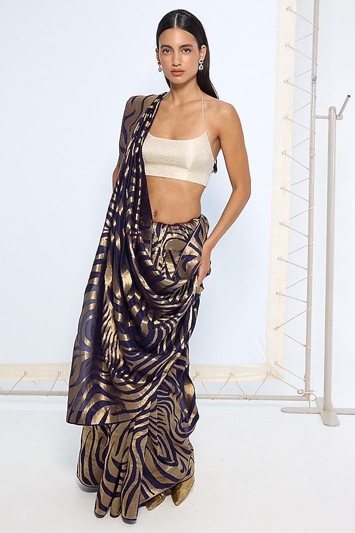 Black & Gold Silk Zari Handwoven Wedding Saree Set by Ekaya at Pernia's Pop Up Shop