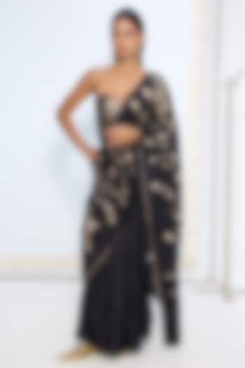 Black & Silver Silk Zari Handwoven Wedding Saree Set by Ekaya at Pernia's Pop Up Shop